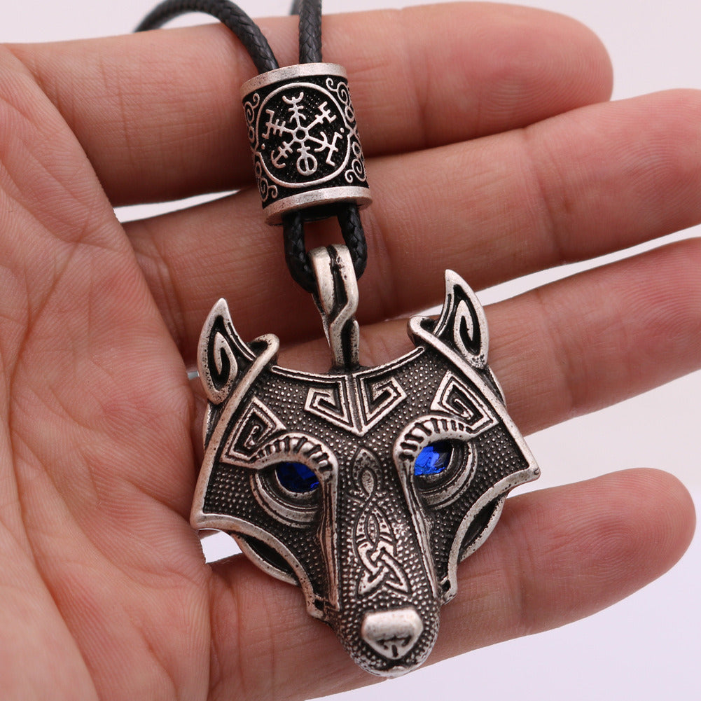 Viking Wolf Head Blue Eye Necklace With Celtic Knot Rune