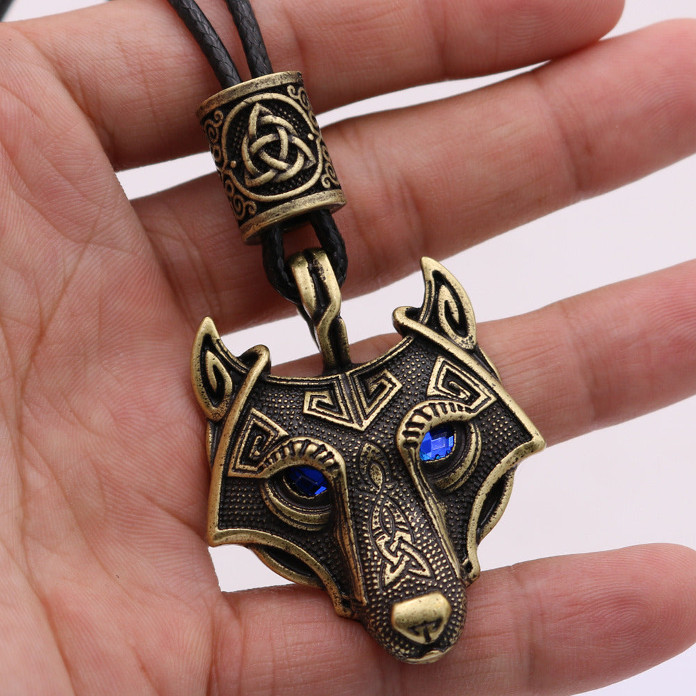 Viking Wolf Head Blue Eye Necklace With Celtic Knot Rune