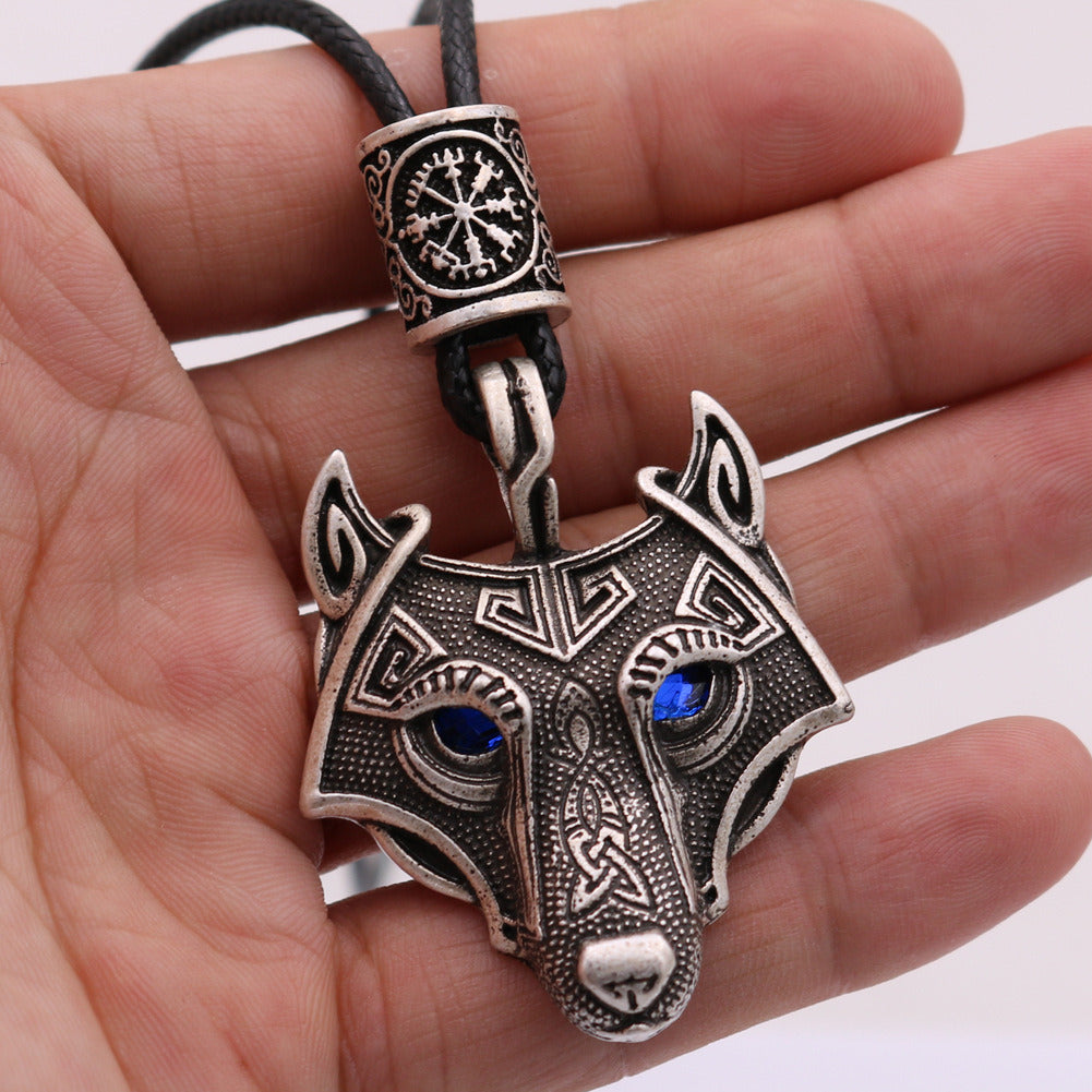 Viking Wolf Head Blue Eye Necklace With Celtic Knot Rune