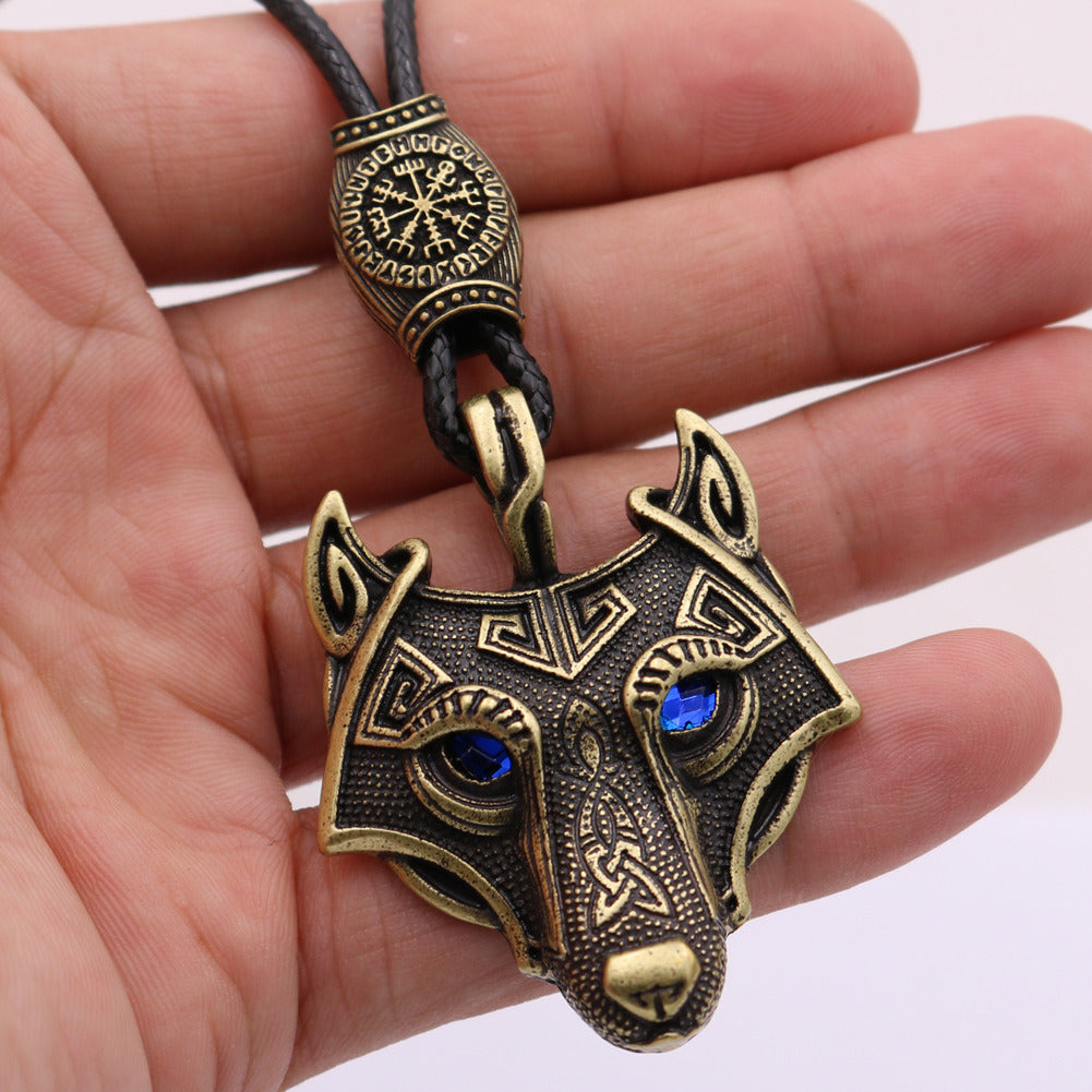 Viking Wolf Head Blue Eye Necklace With Celtic Knot Rune