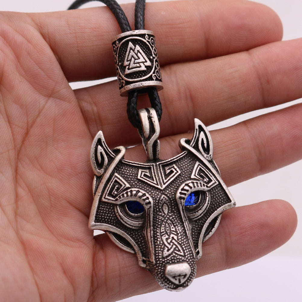 Viking Wolf Head Blue Eye Necklace With Celtic Knot Rune