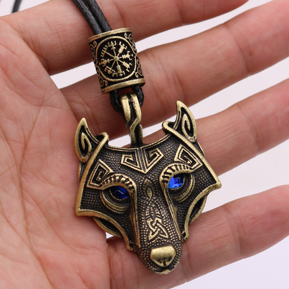 Viking Wolf Head Blue Eye Necklace With Celtic Knot Rune