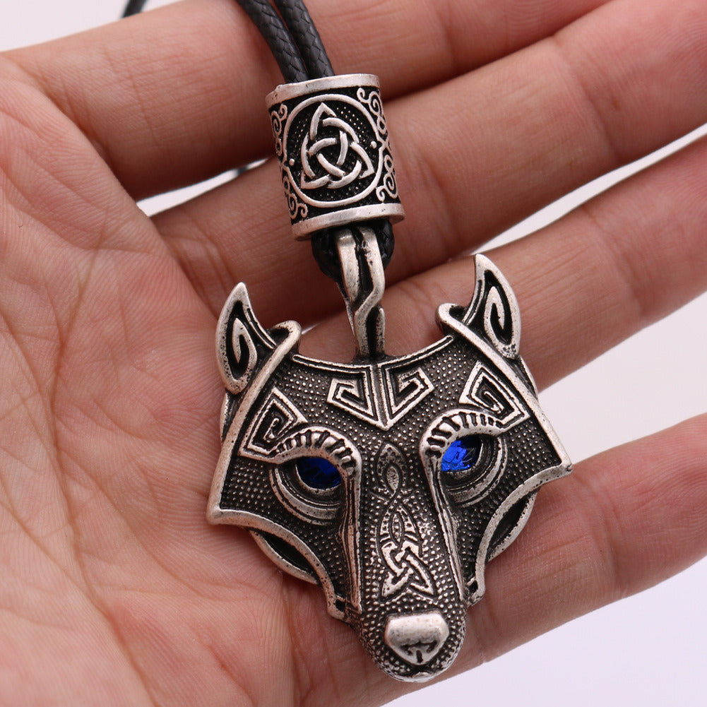 Viking Wolf Head Blue Eye Necklace With Celtic Knot Rune