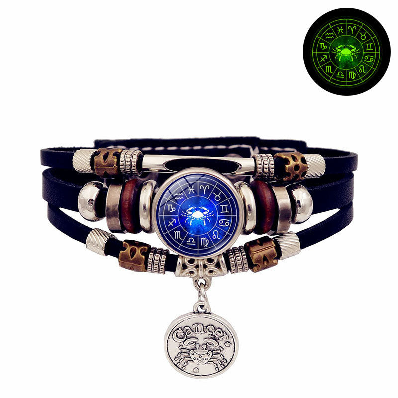 Luminous Twelve Constellation Snap Button Vintage Multi-layer Beaded Leather Bracelet