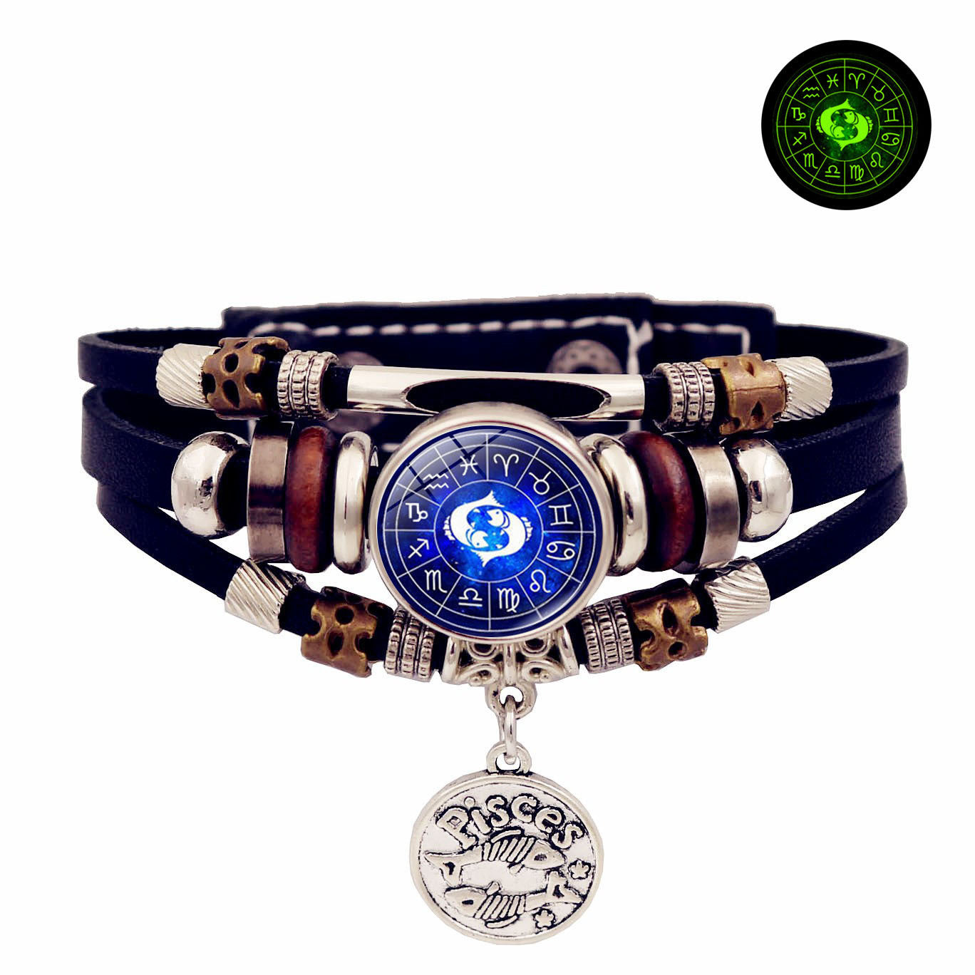 Luminous Twelve Constellation Snap Button Vintage Multi-layer Beaded Leather Bracelet