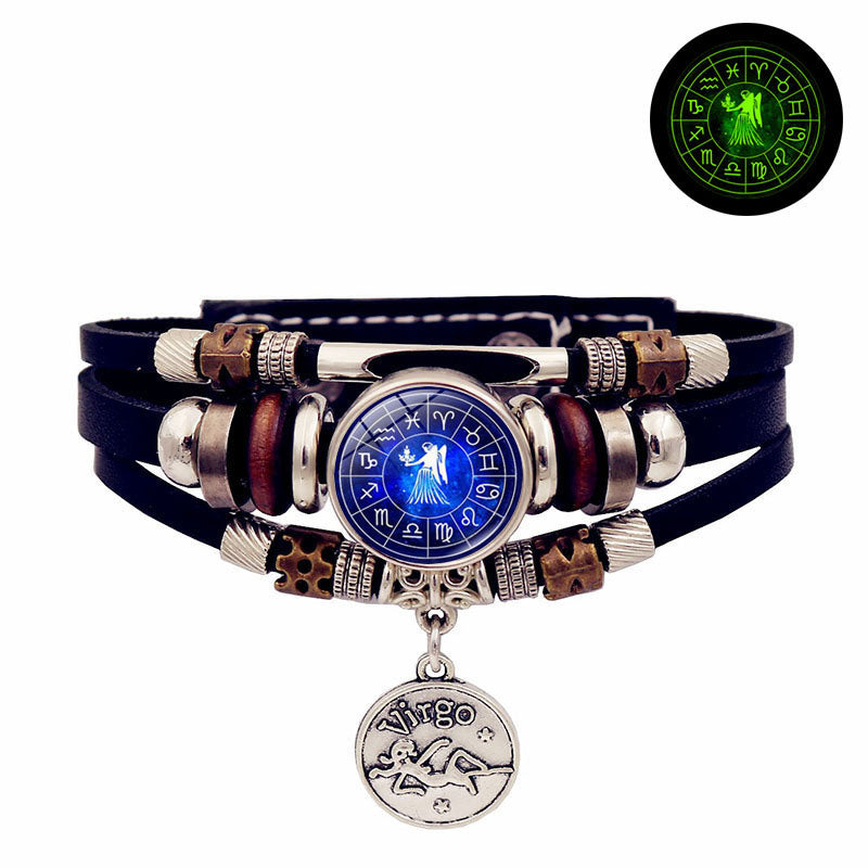 Luminous Twelve Constellation Snap Button Vintage Multi-layer Beaded Leather Bracelet