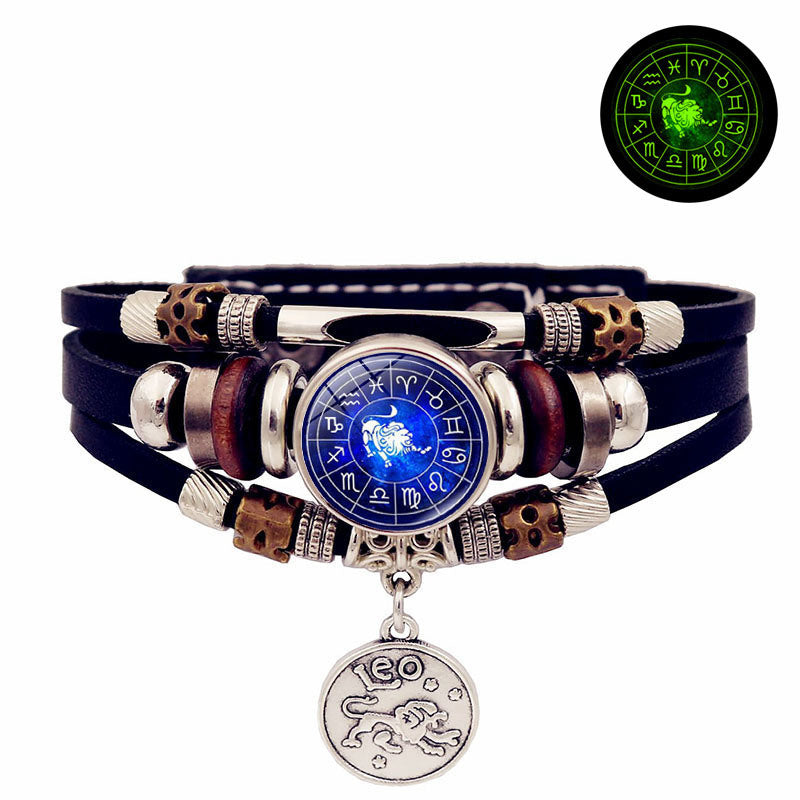 Luminous Twelve Constellation Snap Button Vintage Multi-layer Beaded Leather Bracelet