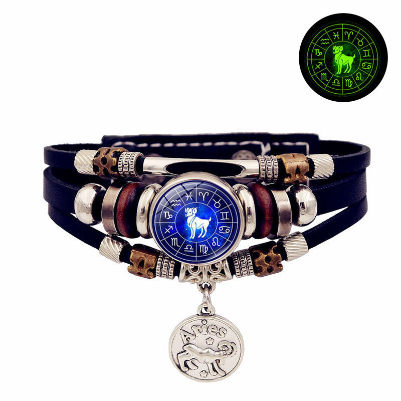 Luminous Twelve Constellation Snap Button Vintage Multi-layer Beaded Leather Bracelet