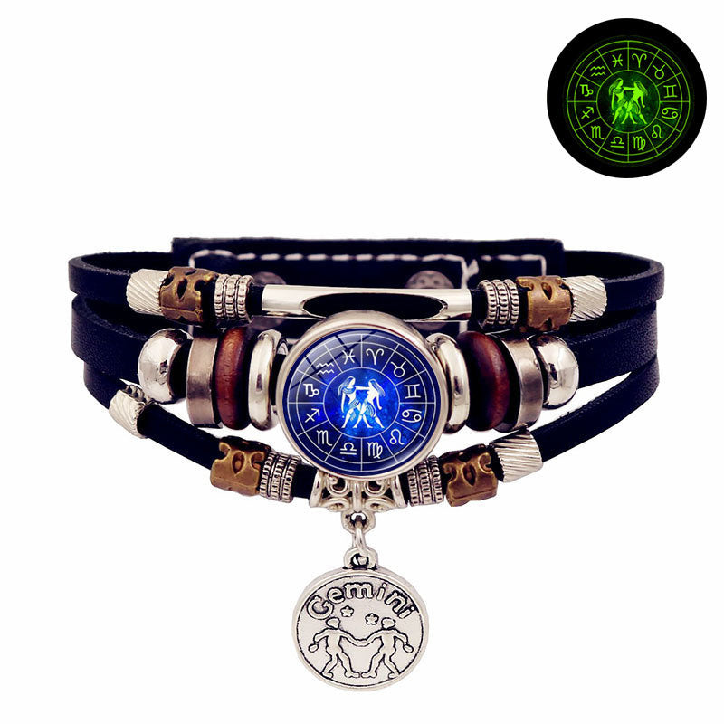 Luminous Twelve Constellation Snap Button Vintage Multi-layer Beaded Leather Bracelet