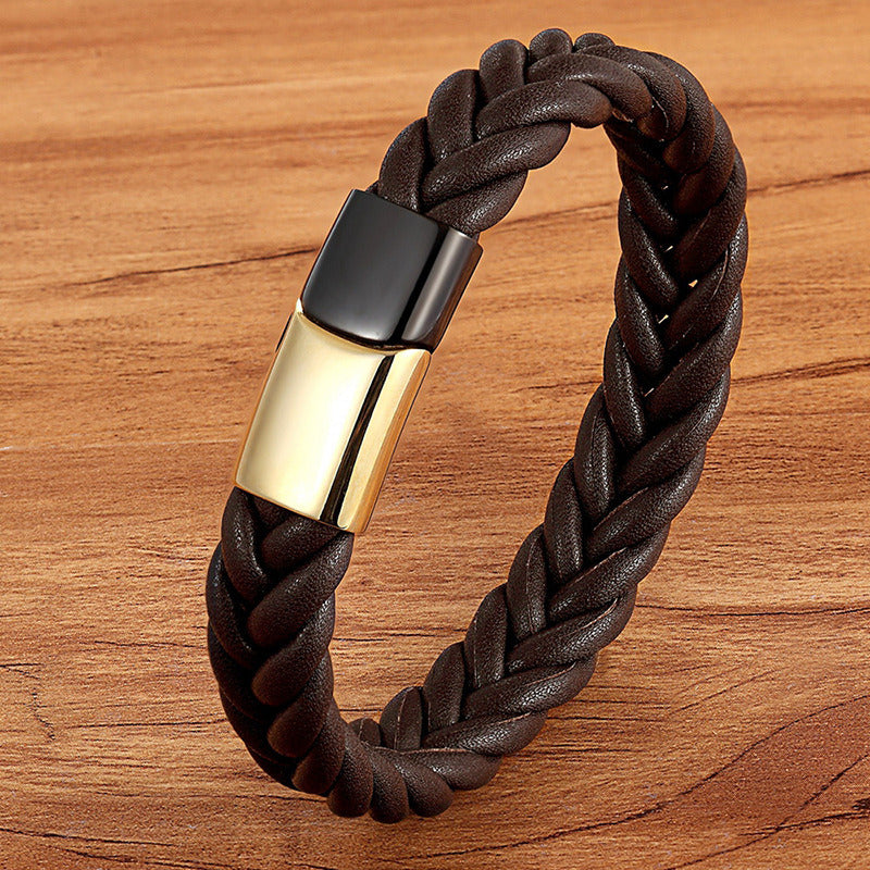 Stainless Steel Titanium Two-tone Buckle Leather Cord Bracelet