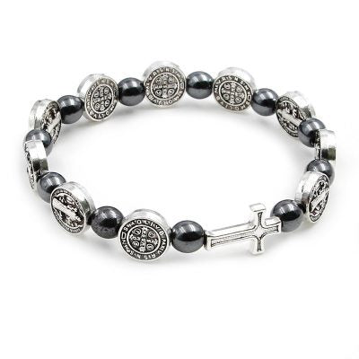 Religious Character Pattern Hematite Rosary Bracelet