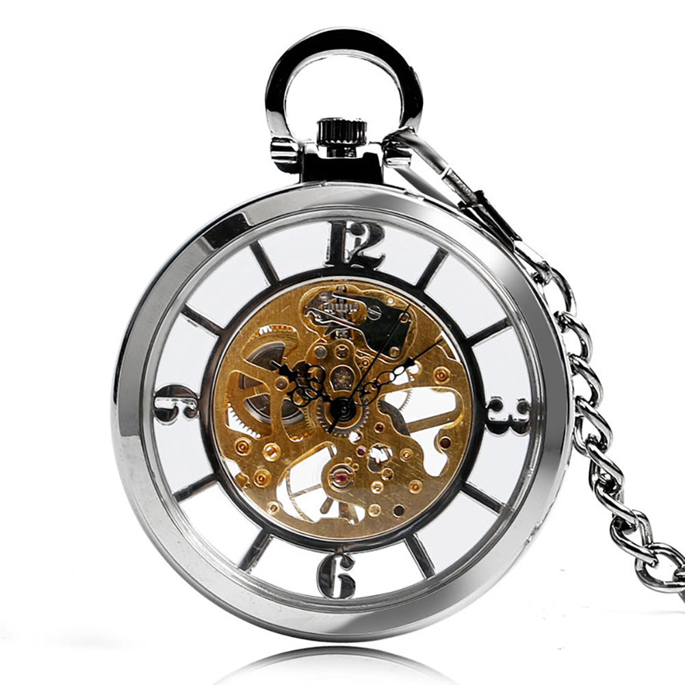 Double-sided Transparent Cutout Design Straight Plate Without Cover Roman Literal Mechanical Pocket Watch