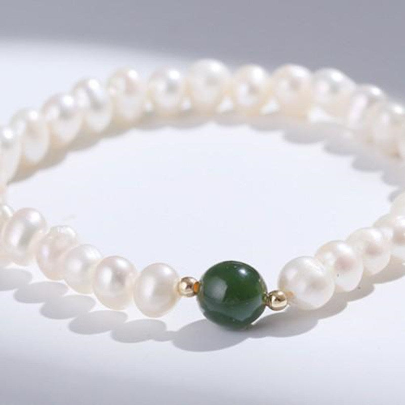 Single-ring Pearl Bracelet With Hetian Jade Matching Beads