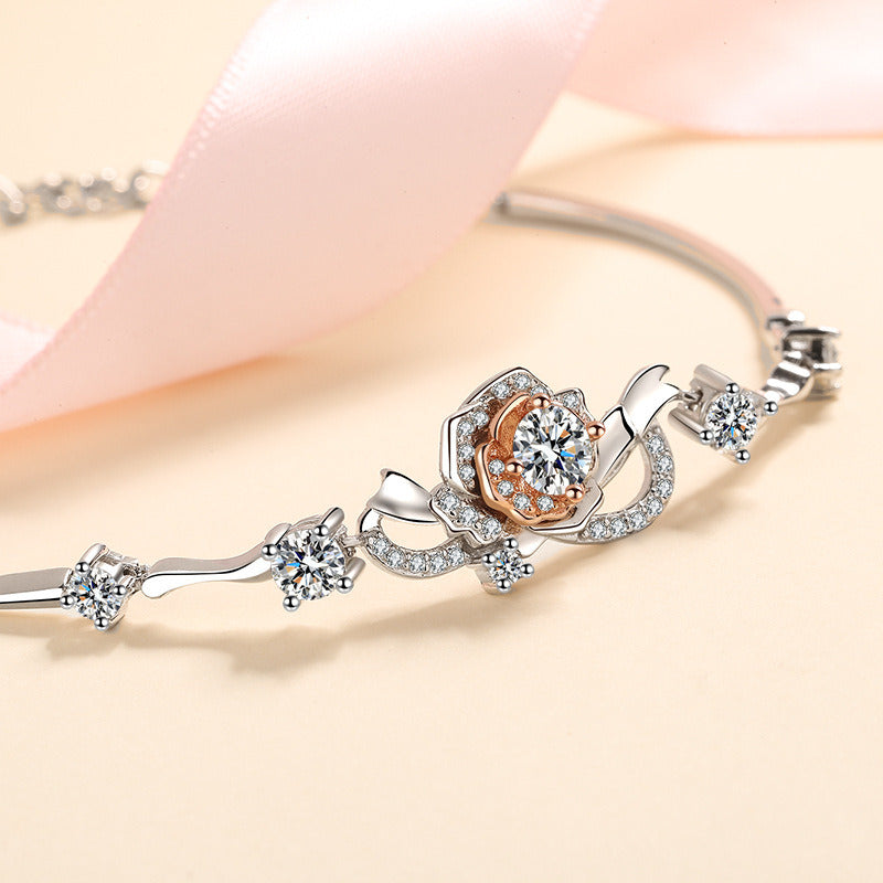 A Rose Bracelet Female S925 Silver Bracelet Inlaid Moissanite Bracelet