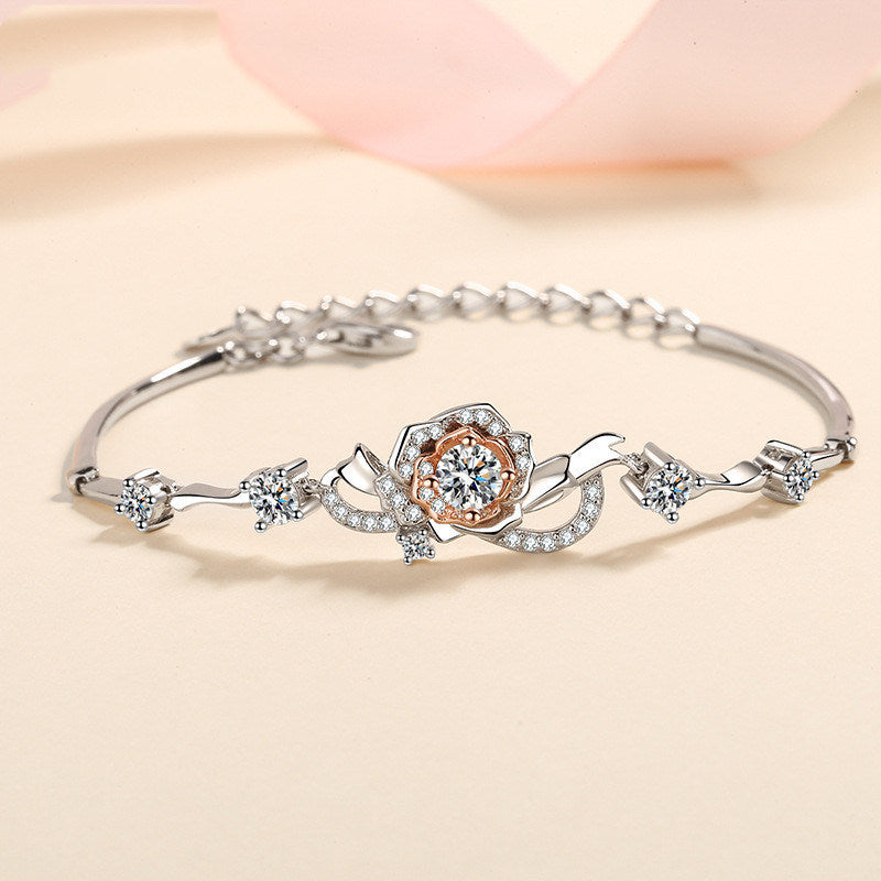 A Rose Bracelet Female S925 Silver Bracelet Inlaid Moissanite Bracelet