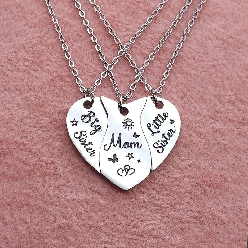 3 PCS Heart-shaped Matching Mom Sisters Necklace Set Stainless Steel Mother Daughter Necklaces