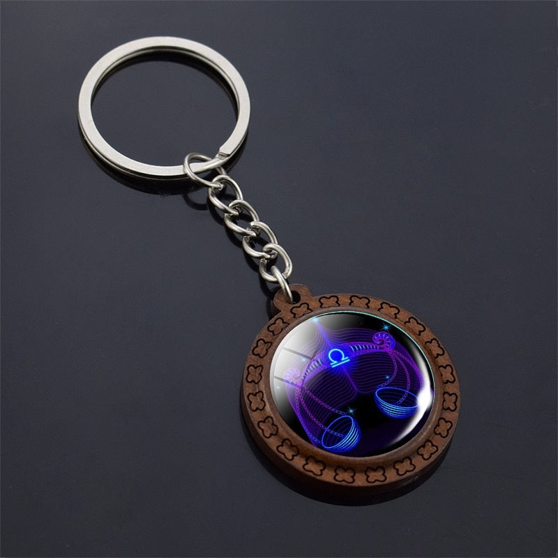 Constellation Keychain Wood Carved Time Gem Pendant