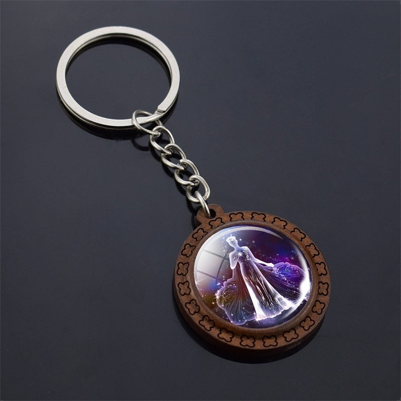 Constellation Keychain Wood Carved Time Gem Pendant