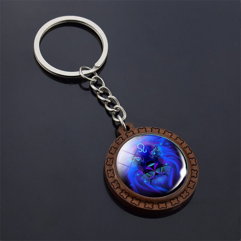 Constellation Keychain Wood Carved Time Gem Pendant