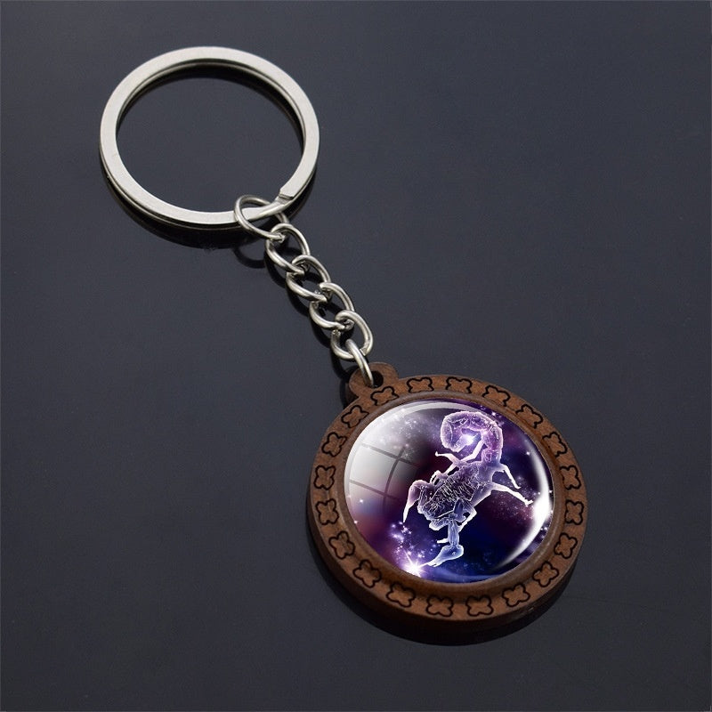 Constellation Keychain Wood Carved Time Gem Pendant