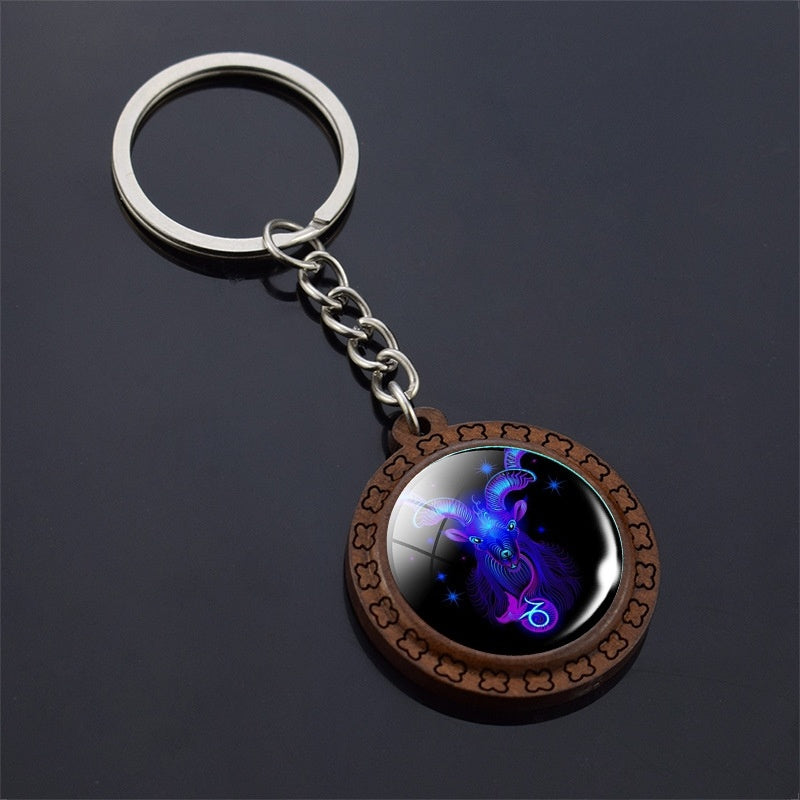 Constellation Keychain Wood Carved Time Gem Pendant