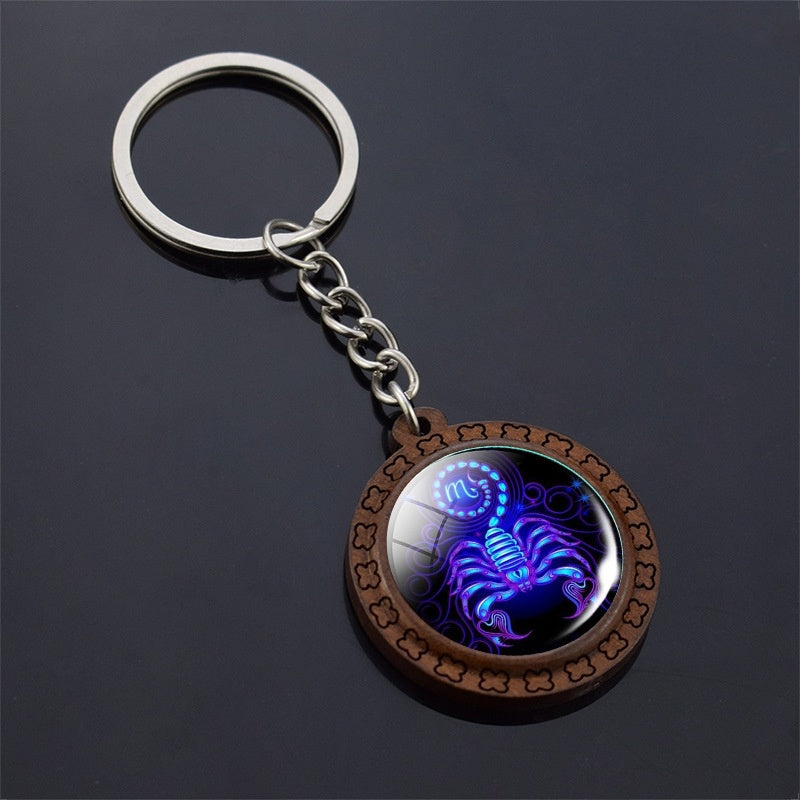 Constellation Keychain Wood Carved Time Gem Pendant