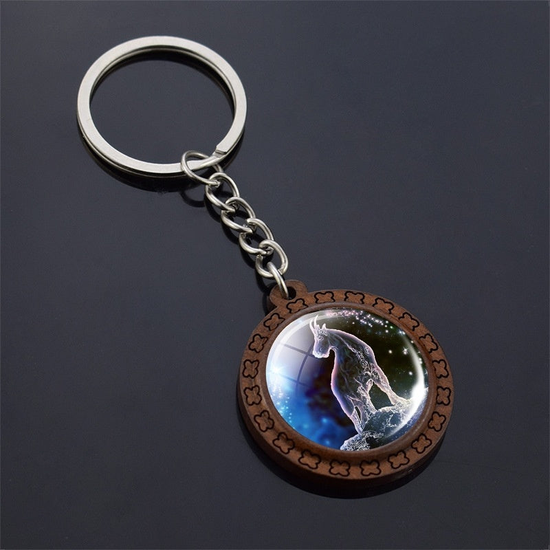 Constellation Keychain Wood Carved Time Gem Pendant