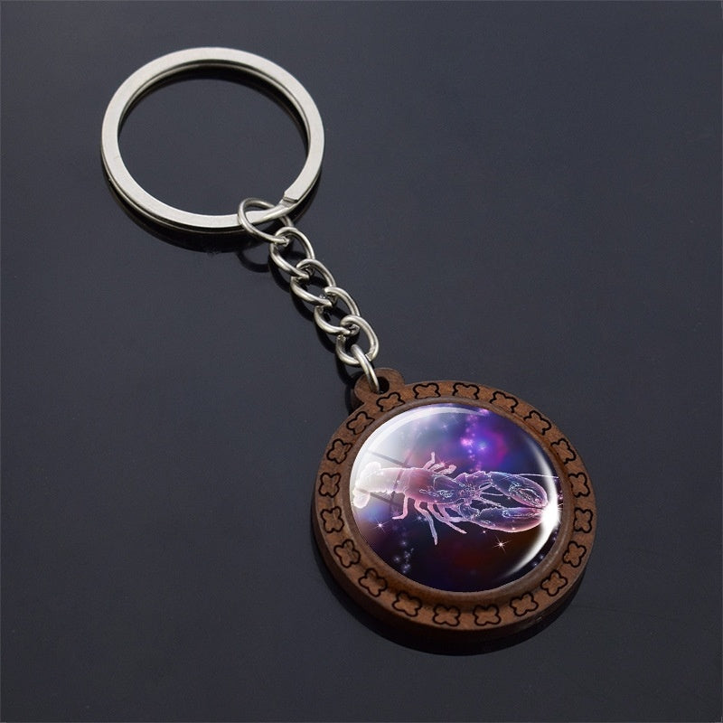 Constellation Keychain Wood Carved Time Gem Pendant