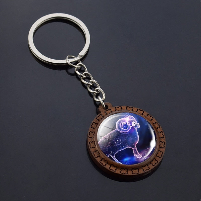 Constellation Keychain Wood Carved Time Gem Pendant