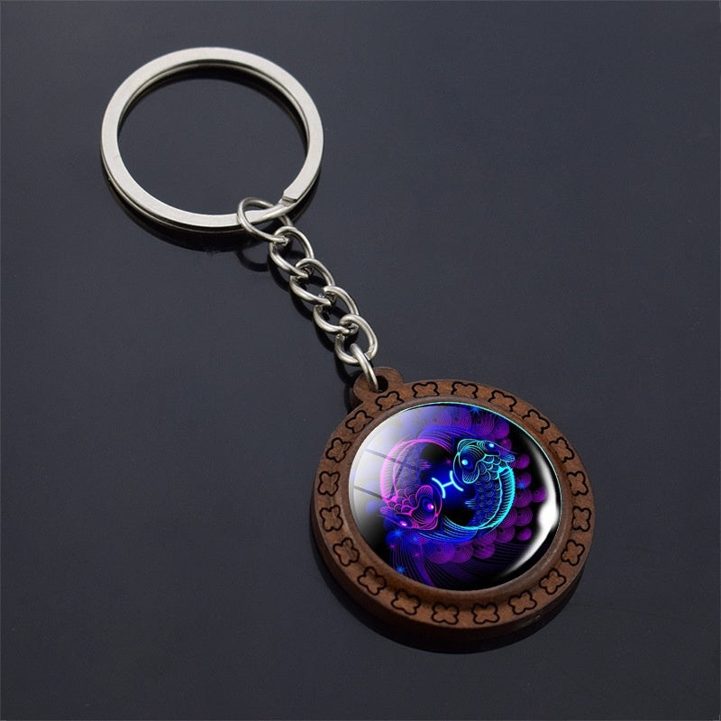 Constellation Keychain Wood Carved Time Gem Pendant