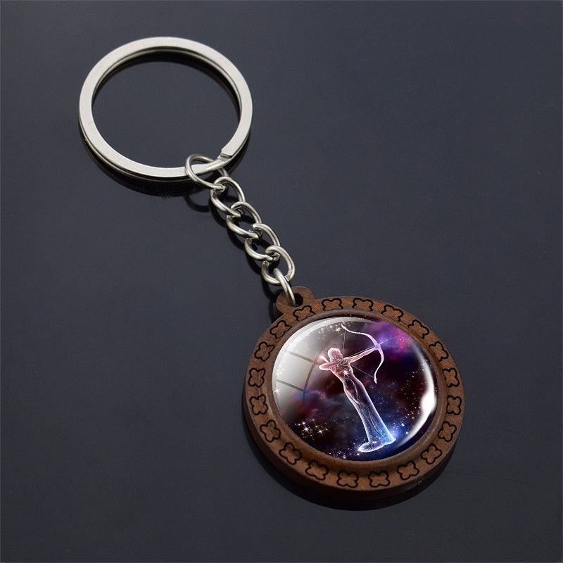 Constellation Keychain Wood Carved Time Gem Pendant