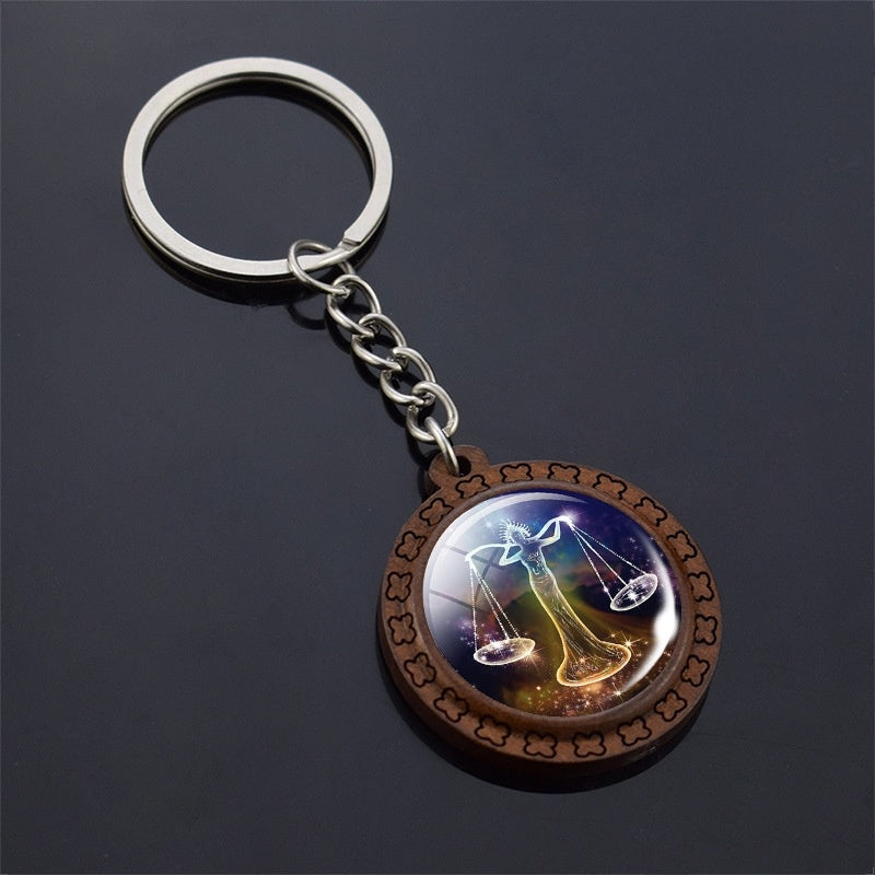 Constellation Keychain Wood Carved Time Gem Pendant