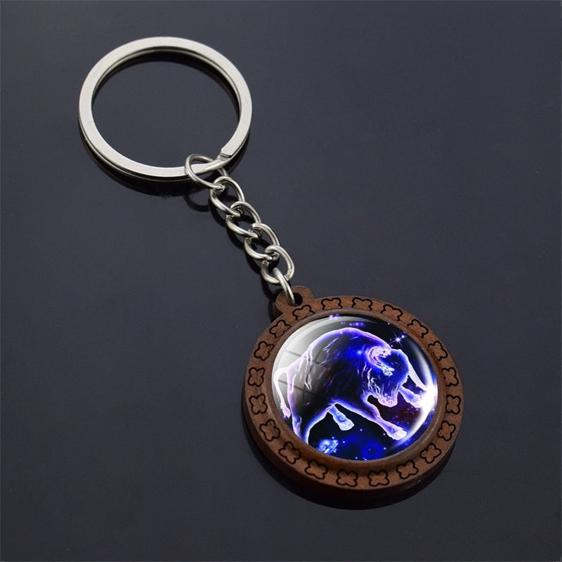 Constellation Keychain Wood Carved Time Gem Pendant