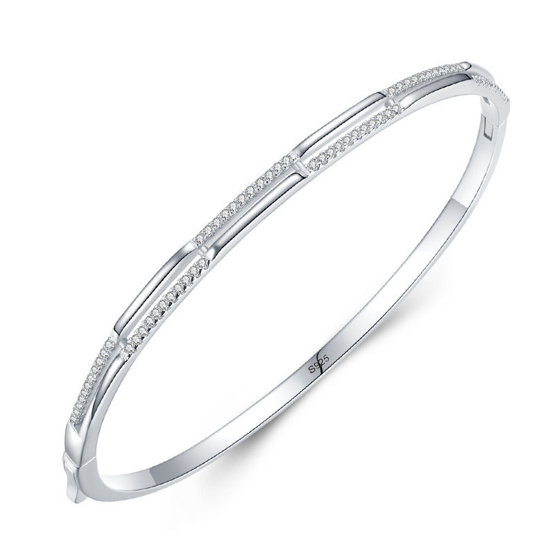 S925 Silver Bracelet Women's Double Layer Line Inlaid With Diamond Opening Collapsible Strap