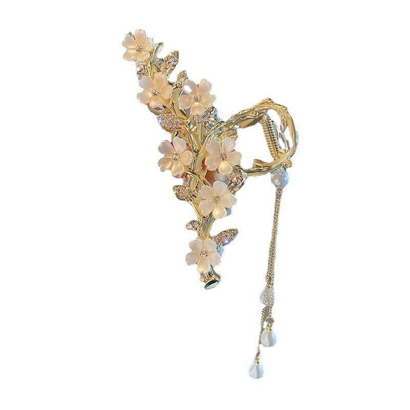 Large Metal Pearl Bell Orchid Tassel Hair Clip