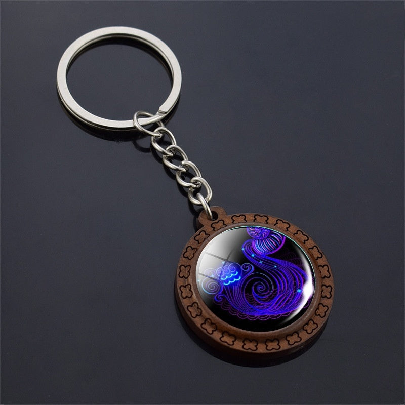 Constellation Keychain Wood Carved Time Gem Pendant