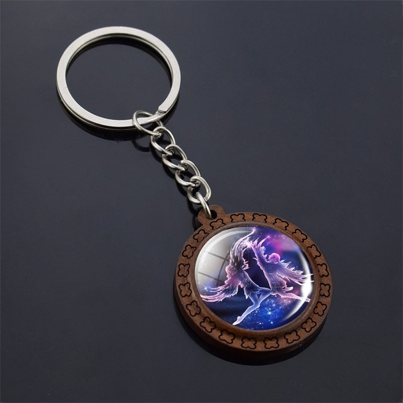 Constellation Keychain Wood Carved Time Gem Pendant