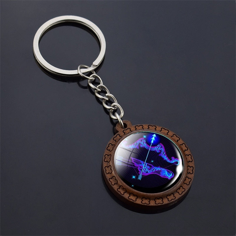 Constellation Keychain Wood Carved Time Gem Pendant