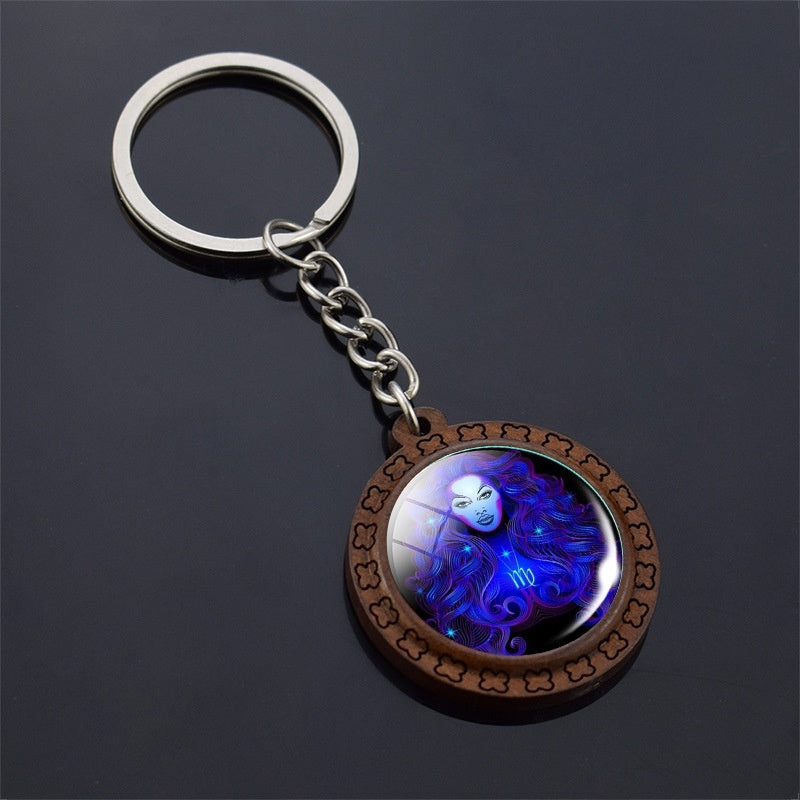 Constellation Keychain Wood Carved Time Gem Pendant