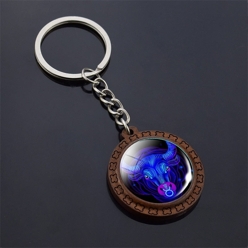 Constellation Keychain Wood Carved Time Gem Pendant