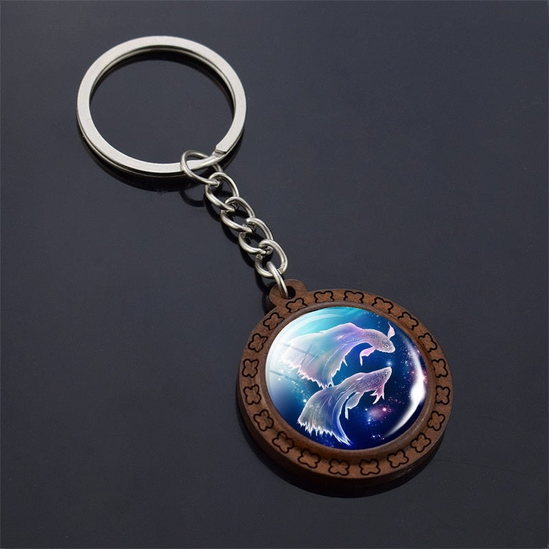 Constellation Keychain Wood Carved Time Gem Pendant