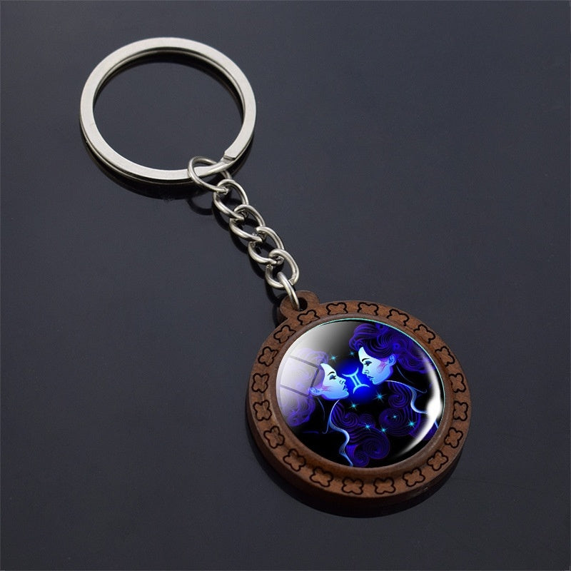 Constellation Keychain Wood Carved Time Gem Pendant