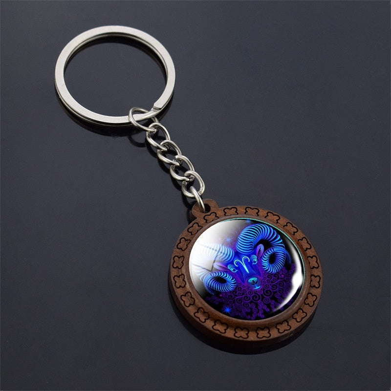 Constellation Keychain Wood Carved Time Gem Pendant