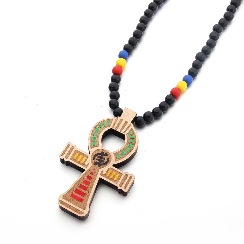 Beads Necklace Wood Pendant Hip Hop Clothing Cross Necklace