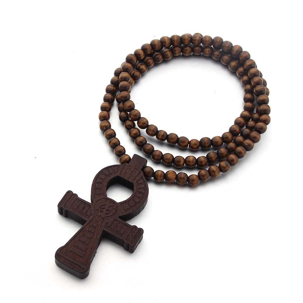 Beads Necklace Wood Pendant Hip Hop Clothing Cross Necklace