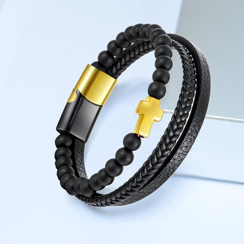 Tiger Eye Titanium Steel Bracelet Leather Weave