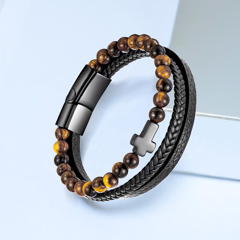 Tiger Eye Titanium Steel Bracelet Leather Weave