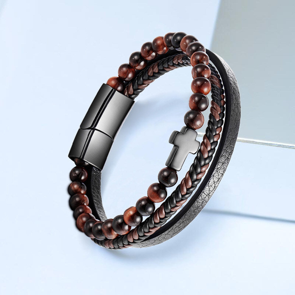 Tiger Eye Titanium Steel Bracelet Leather Weave