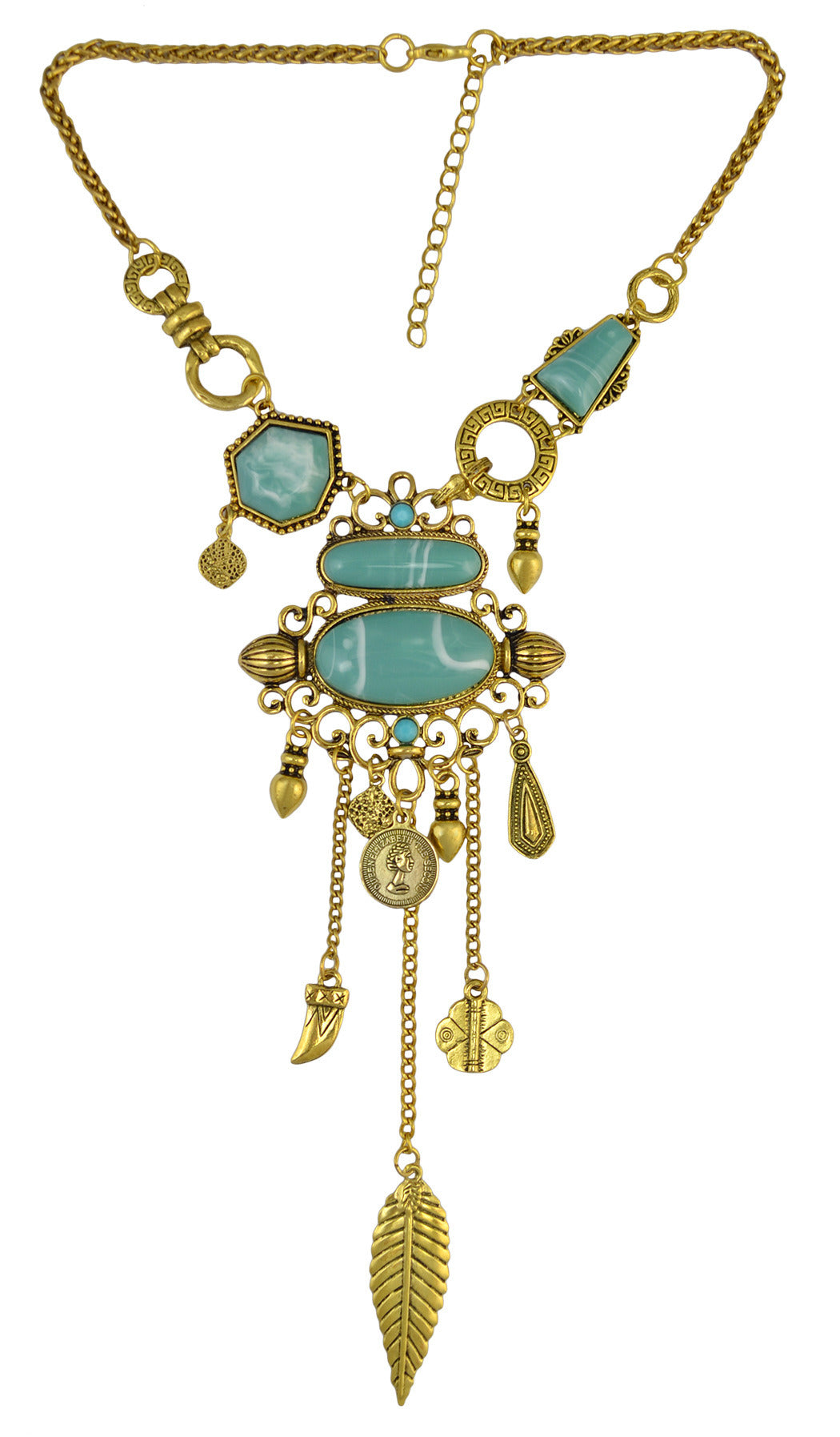 Openwork Pattern Turquoise Alloy Large Stone Necklace