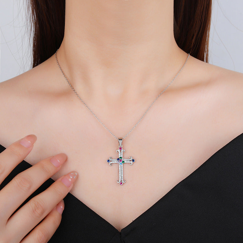 925 Sterling Silver Diamond Cross Pendant Necklace